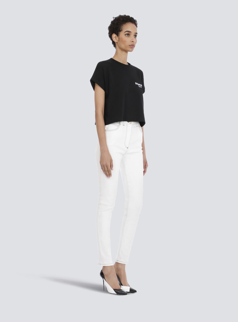 Women's Balmain Cropped Eco-designed Cotton With Small Flocked Logo T Shirts Black | USA 86gxat5S