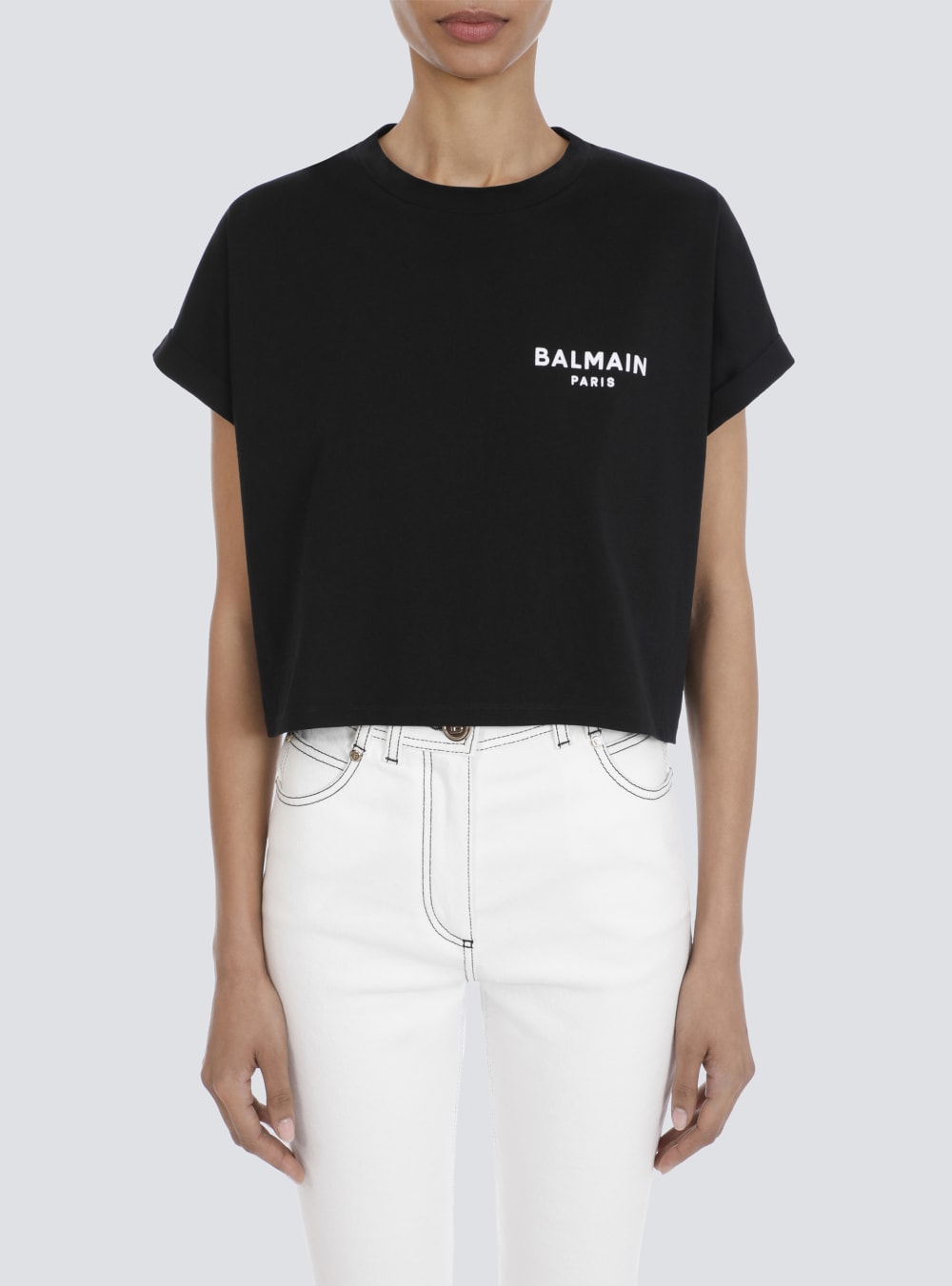 Women's Balmain Cropped Eco-designed Cotton With Small Flocked Logo T Shirts Black | USA 86gxat5S