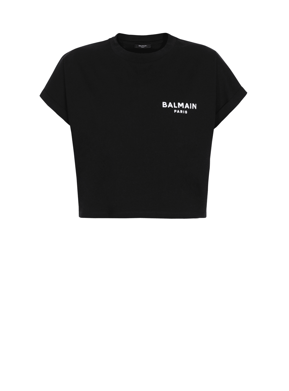 Women\'s Balmain Cropped Eco-designed Cotton With Small Flocked Logo T Shirts Black | USA 86gxat5S