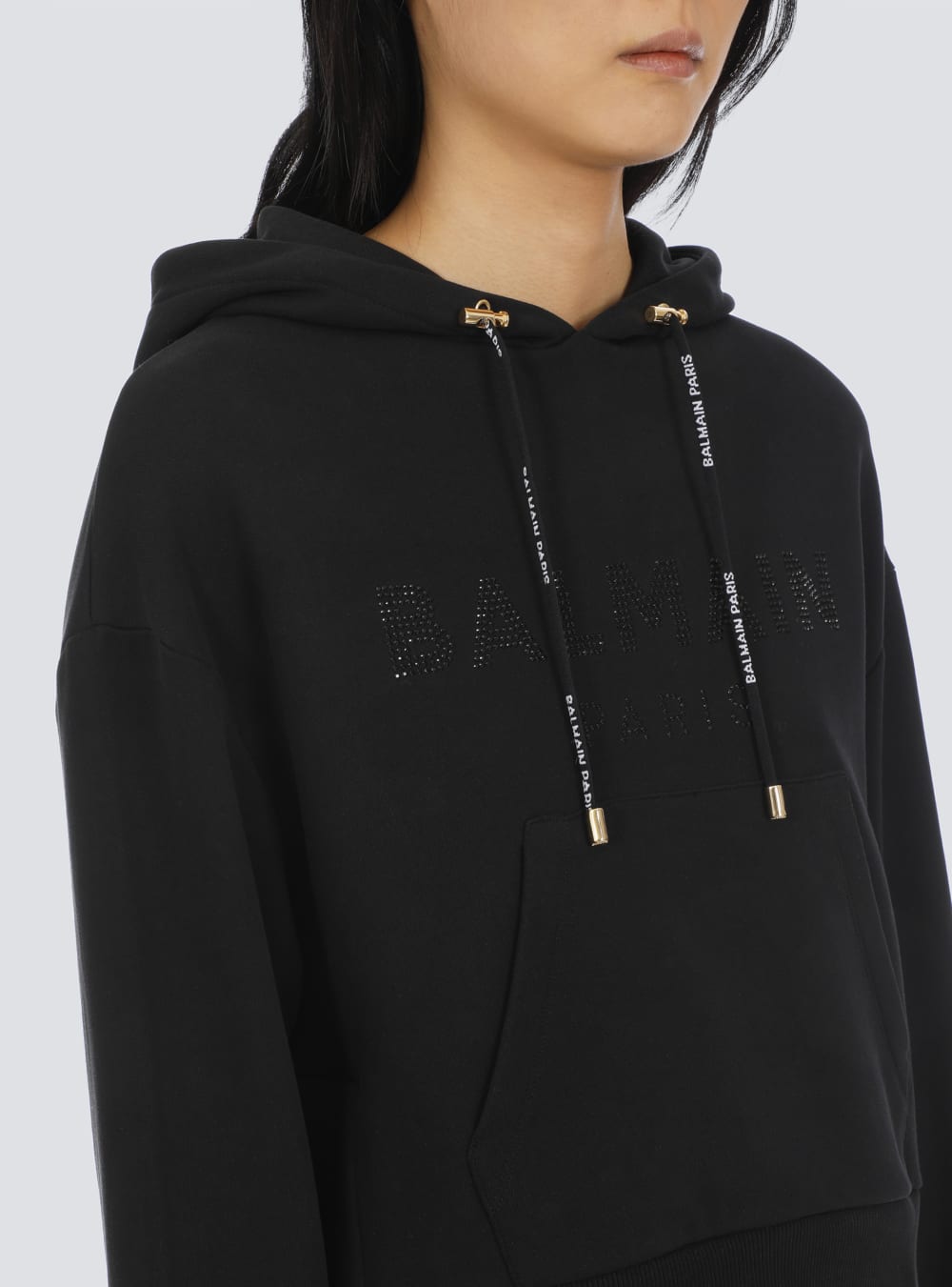 Women's Balmain Cropped Eco-designed Cotton With Rhinestone Logo Sweatshirts Black | USA rYp8LgEO