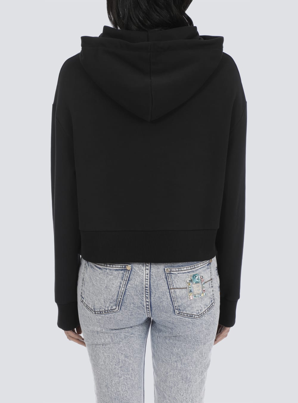 Women's Balmain Cropped Eco-designed Cotton With Rhinestone Logo Sweatshirts Black | USA rYp8LgEO