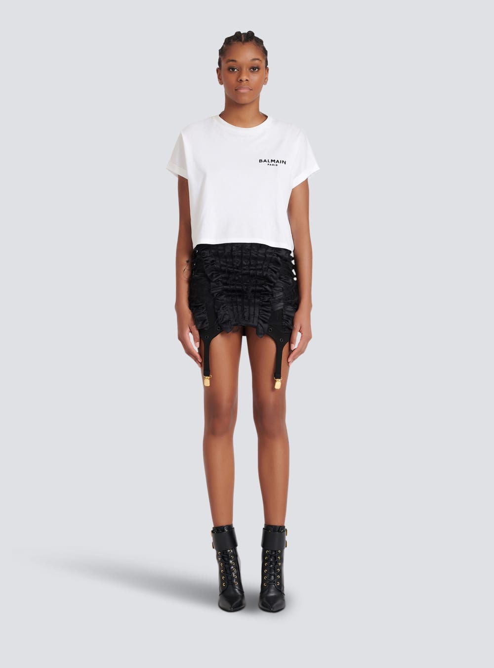 Women's Balmain Cropped Eco-designed Cotton With Small Flocked Logo T Shirts White | USA rkOFvzXE