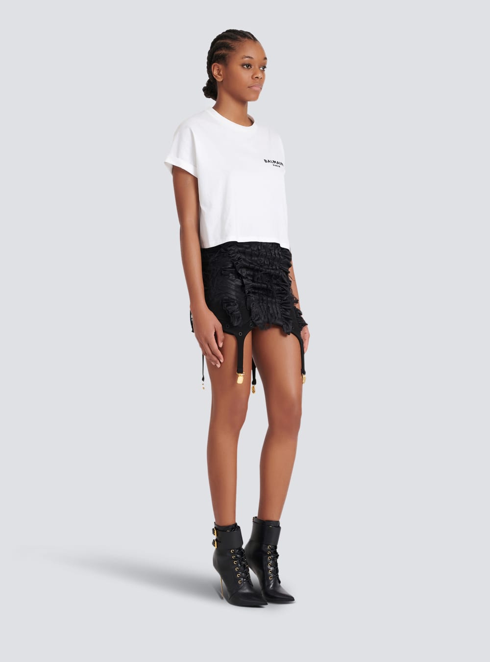 Women's Balmain Cropped Eco-designed Cotton With Small Flocked Logo T Shirts White | USA rkOFvzXE