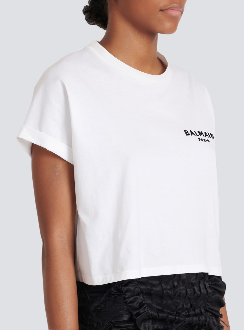 Women's Balmain Cropped Eco-designed Cotton With Small Flocked Logo T Shirts White | USA rkOFvzXE