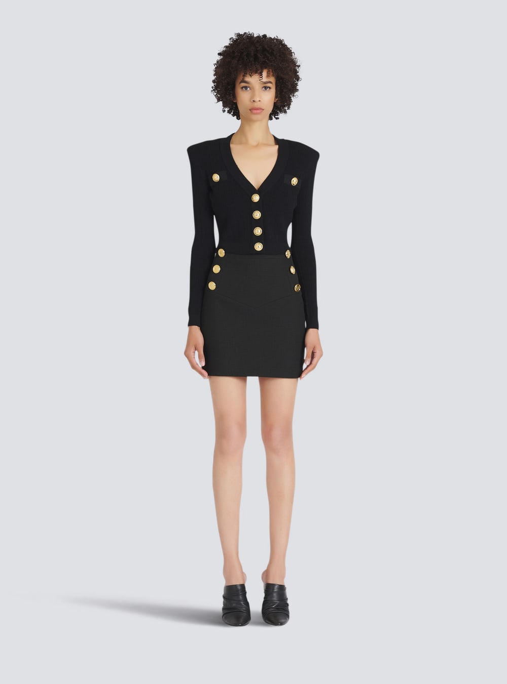 Women's Balmain Cropped Eco-designed Knit With Gold-tone Buttons Cardigan Black | USA GmnmdzOg