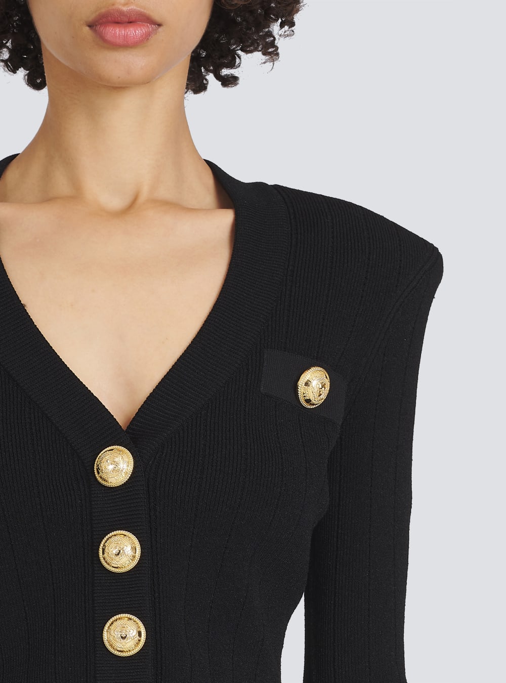 Women's Balmain Cropped Eco-designed Knit With Gold-tone Buttons Cardigan Black | USA GmnmdzOg