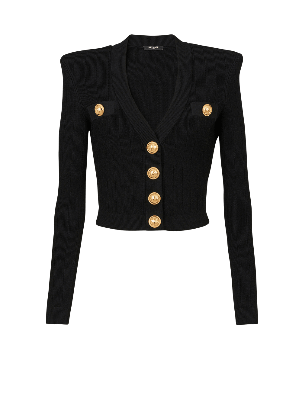 Women\'s Balmain Cropped Eco-designed Knit With Gold-tone Buttons Cardigan Black | USA GmnmdzOg