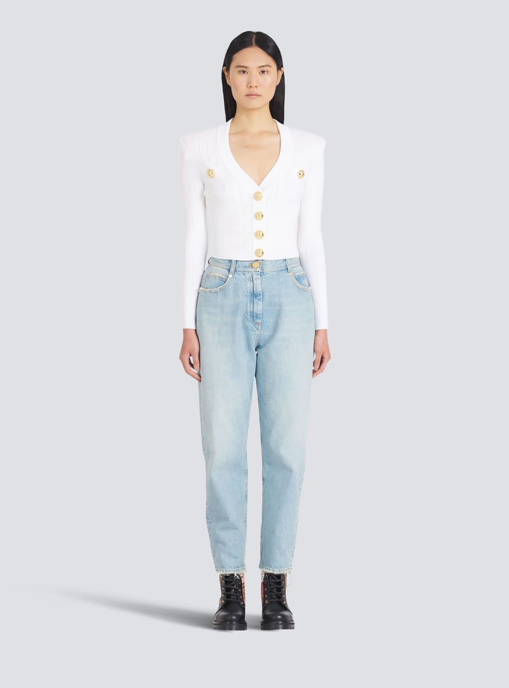 Women's Balmain Cropped Eco-designed Knit With Gold-tone Buttons Cardigan White | USA UgzgdF3y