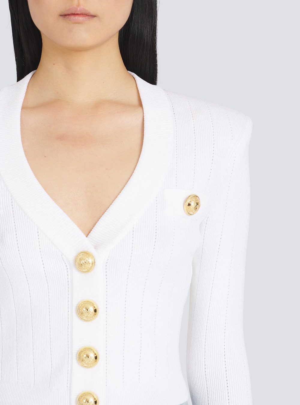 Women's Balmain Cropped Eco-designed Knit With Gold-tone Buttons Cardigan White | USA UgzgdF3y