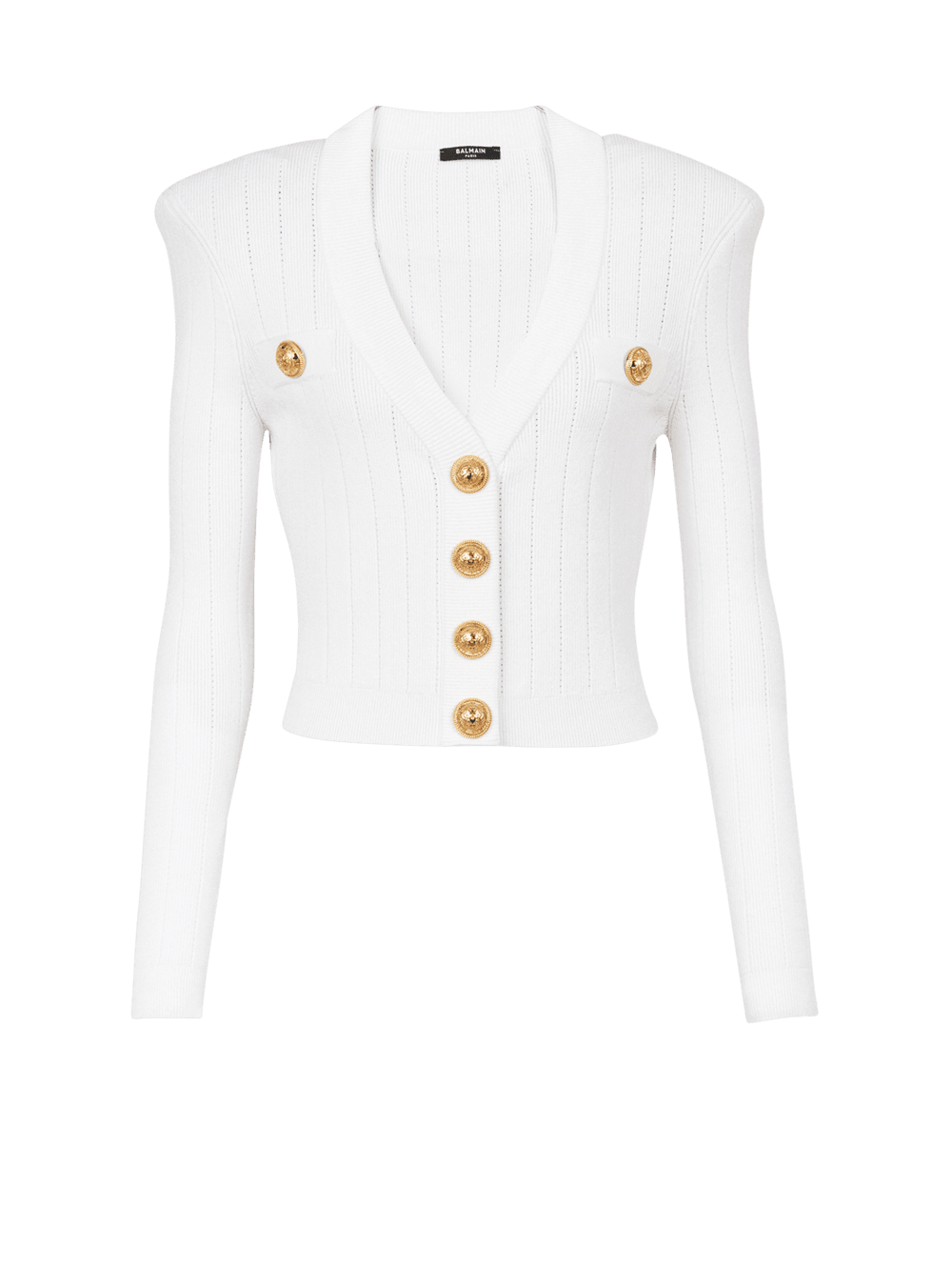 Women\'s Balmain Cropped Eco-designed Knit With Gold-tone Buttons Cardigan White | USA UgzgdF3y