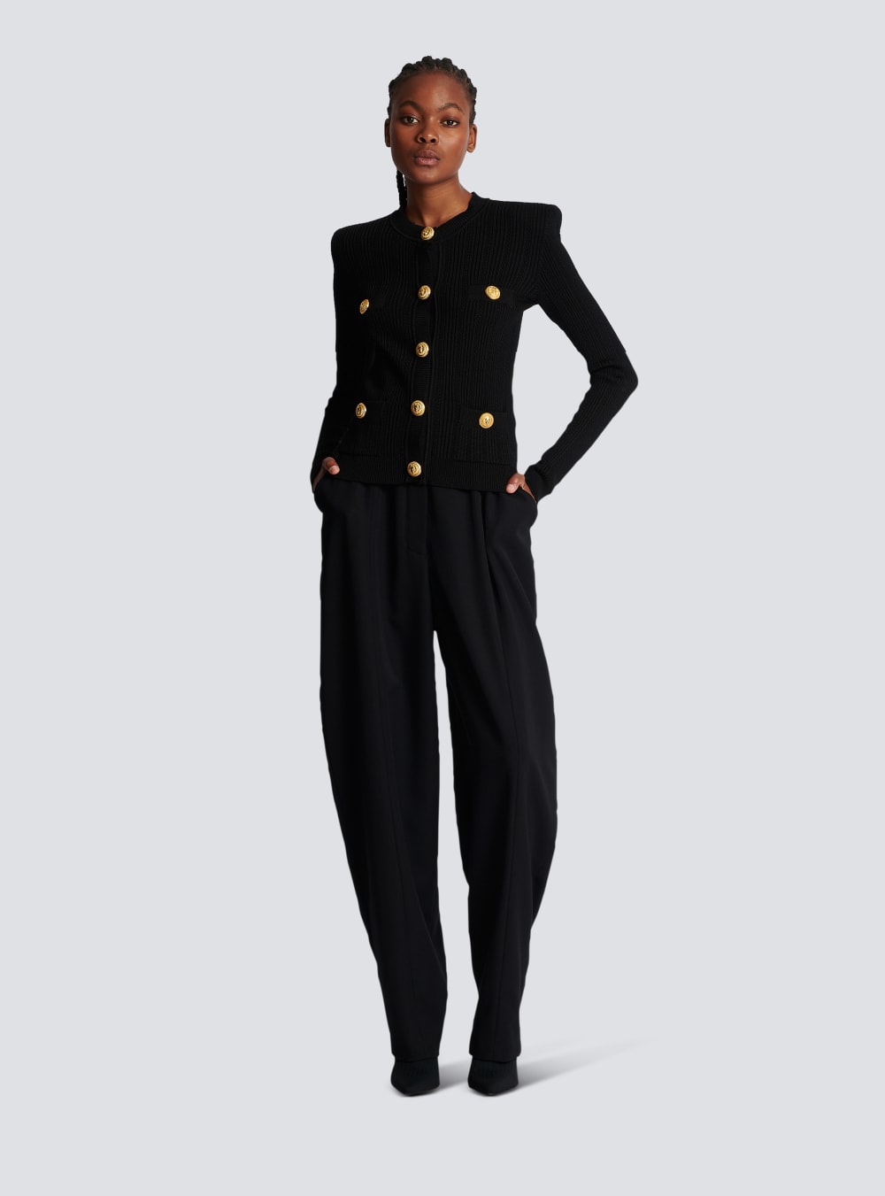 Women's Balmain Cropped Eco-designed Knit With Gold-tone Buttons Cardigan Black | USA lWu0xNi6