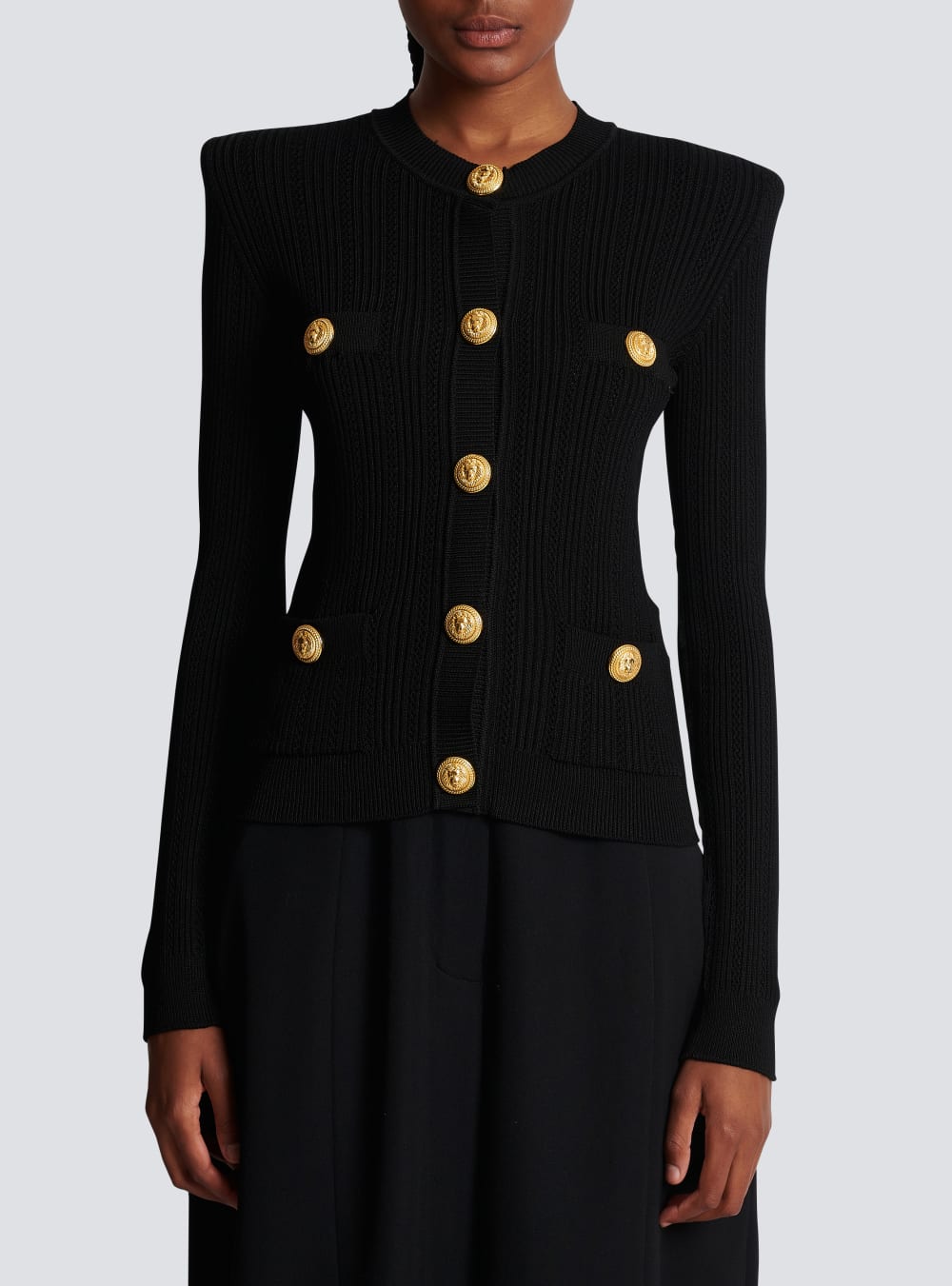 Women's Balmain Cropped Eco-designed Knit With Gold-tone Buttons Cardigan Black | USA lWu0xNi6