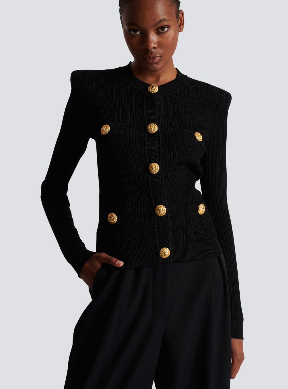 Women's Balmain Cropped Eco-designed Knit With Gold-tone Buttons Cardigan Black | USA lWu0xNi6