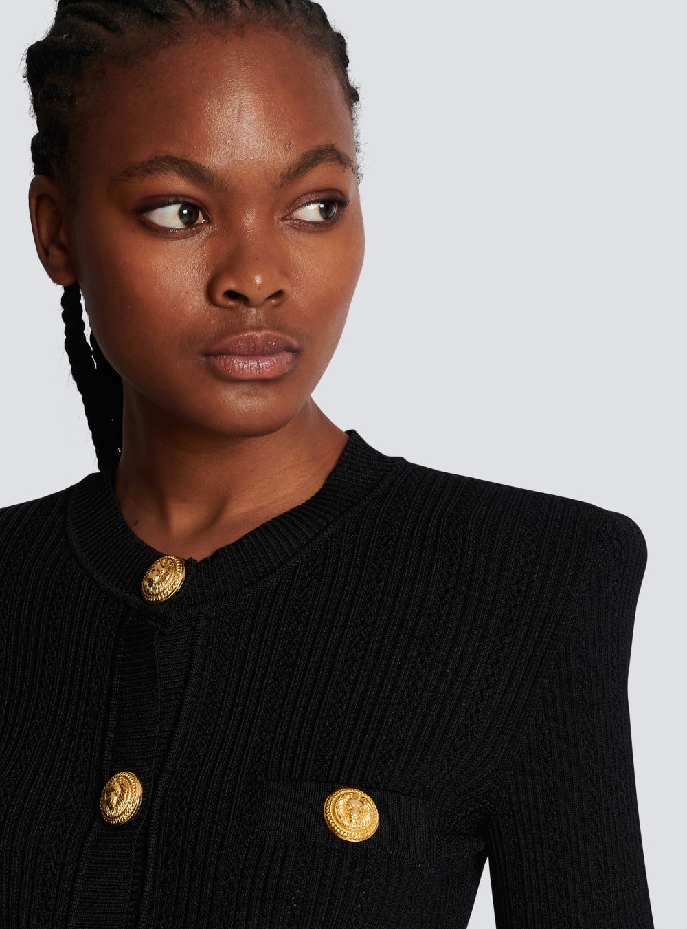 Women's Balmain Cropped Eco-designed Knit With Gold-tone Buttons Cardigan Black | USA lWu0xNi6