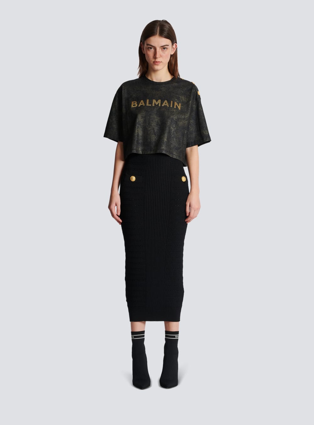 Women's Balmain Cropped Eco-responsible Cotton With Textured Logo Print T Shirts Black | USA 0nFy9b9C