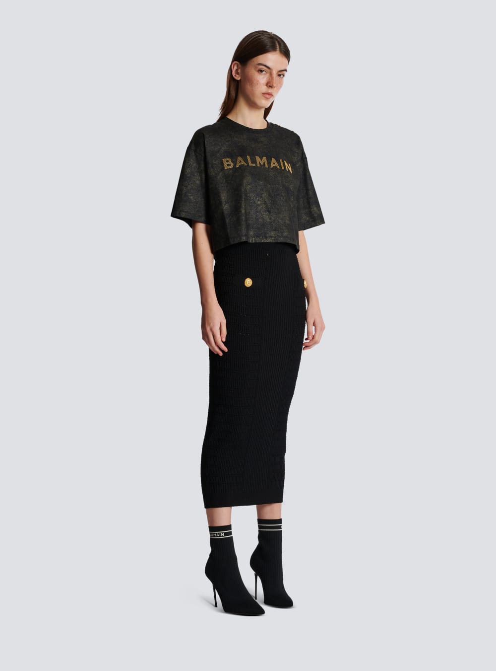 Women's Balmain Cropped Eco-responsible Cotton With Textured Logo Print T Shirts Black | USA 0nFy9b9C