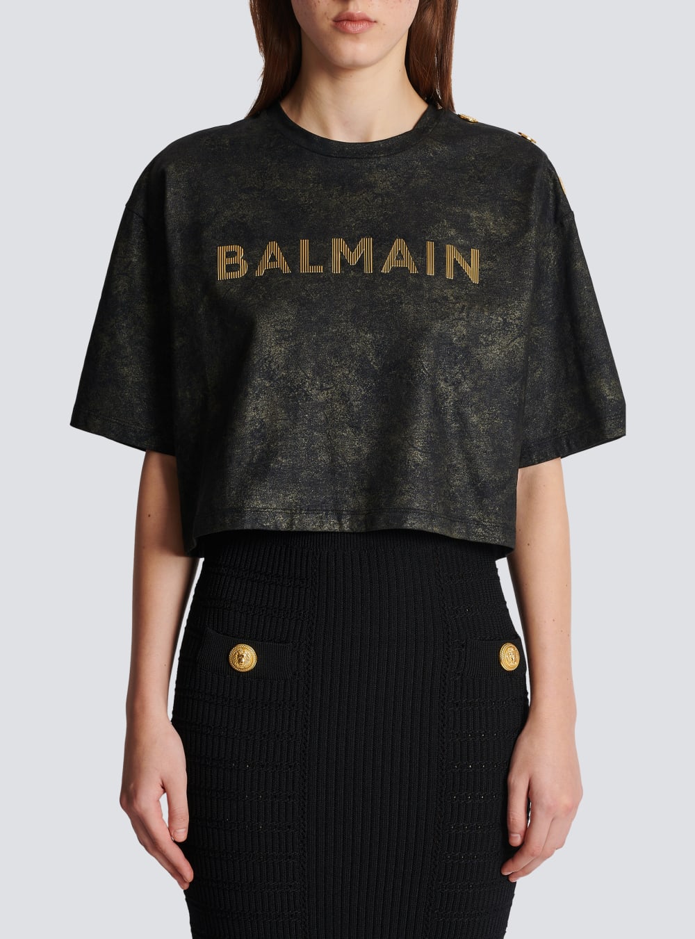 Women's Balmain Cropped Eco-responsible Cotton With Textured Logo Print T Shirts Black | USA 0nFy9b9C