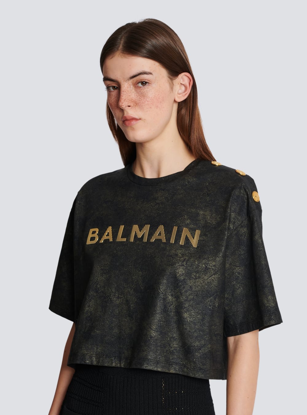 Women's Balmain Cropped Eco-responsible Cotton With Textured Logo Print T Shirts Black | USA 0nFy9b9C