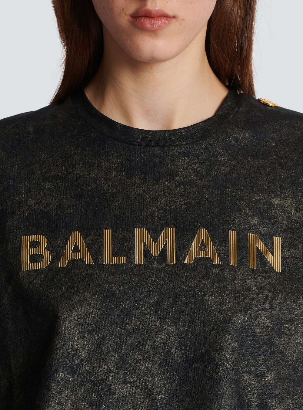 Women's Balmain Cropped Eco-responsible Cotton With Textured Logo Print T Shirts Black | USA 0nFy9b9C