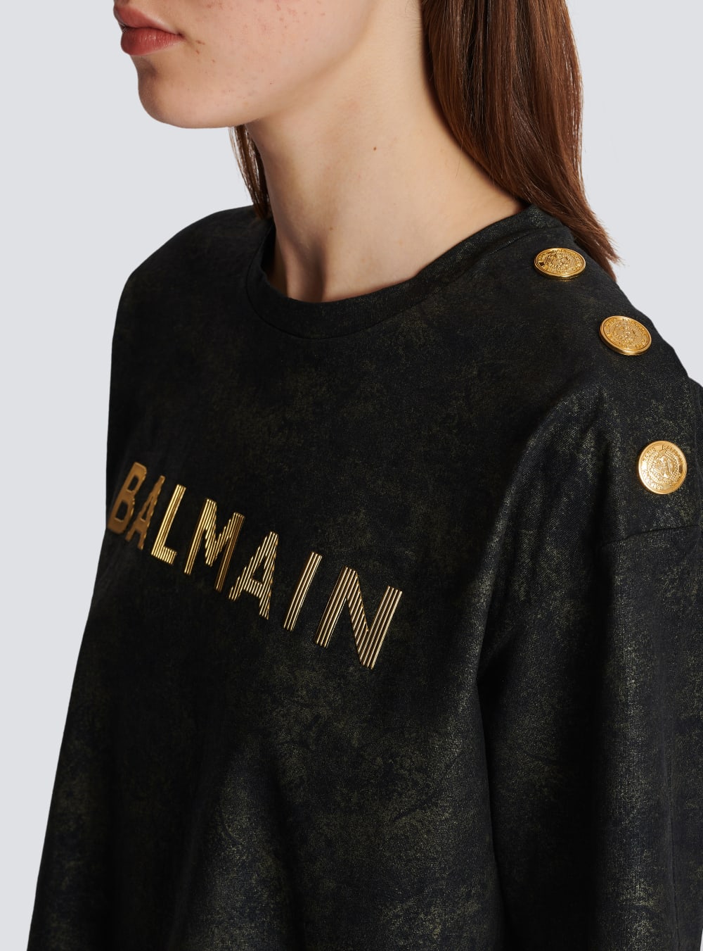 Women's Balmain Cropped Eco-responsible Cotton With Textured Logo Print T Shirts Black | USA 0nFy9b9C