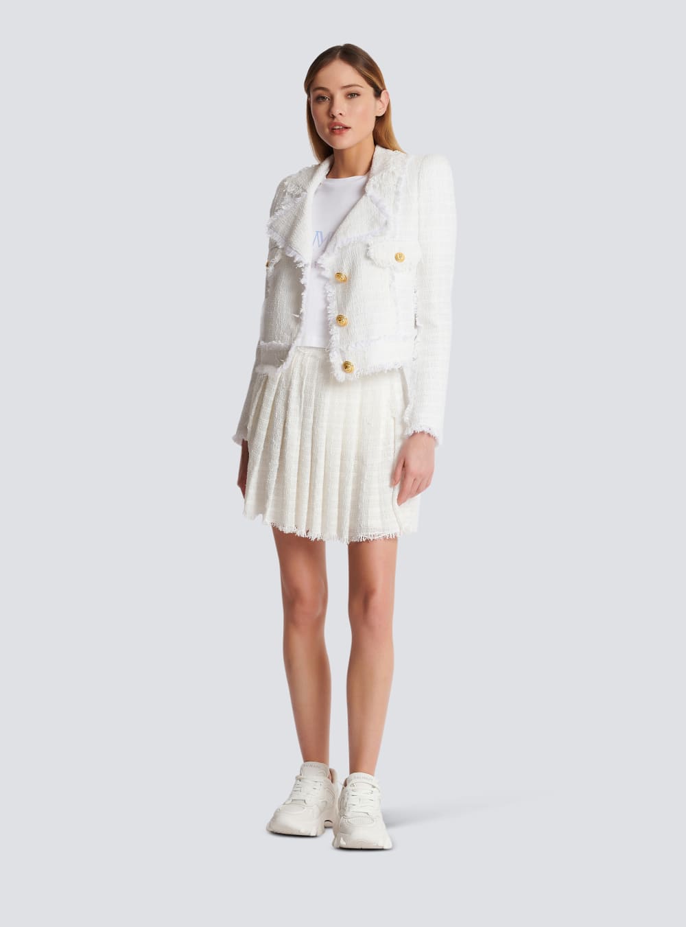 Women's Balmain Cropped Fringed Tweed Jackets White | USA dGue5JBR