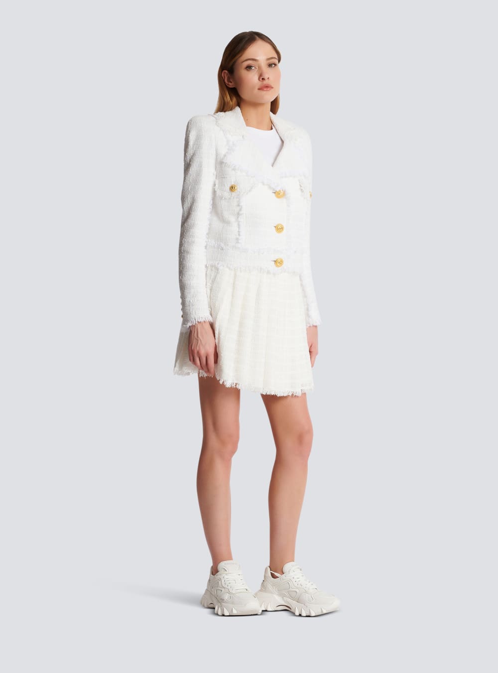 Women's Balmain Cropped Fringed Tweed Jackets White | USA dGue5JBR