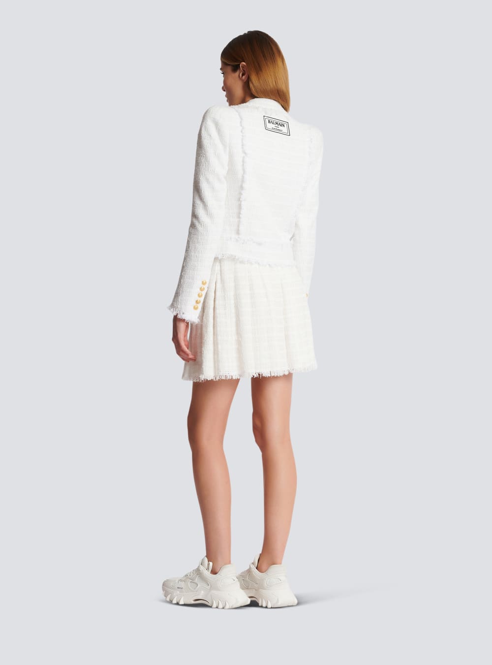 Women's Balmain Cropped Fringed Tweed Jackets White | USA dGue5JBR