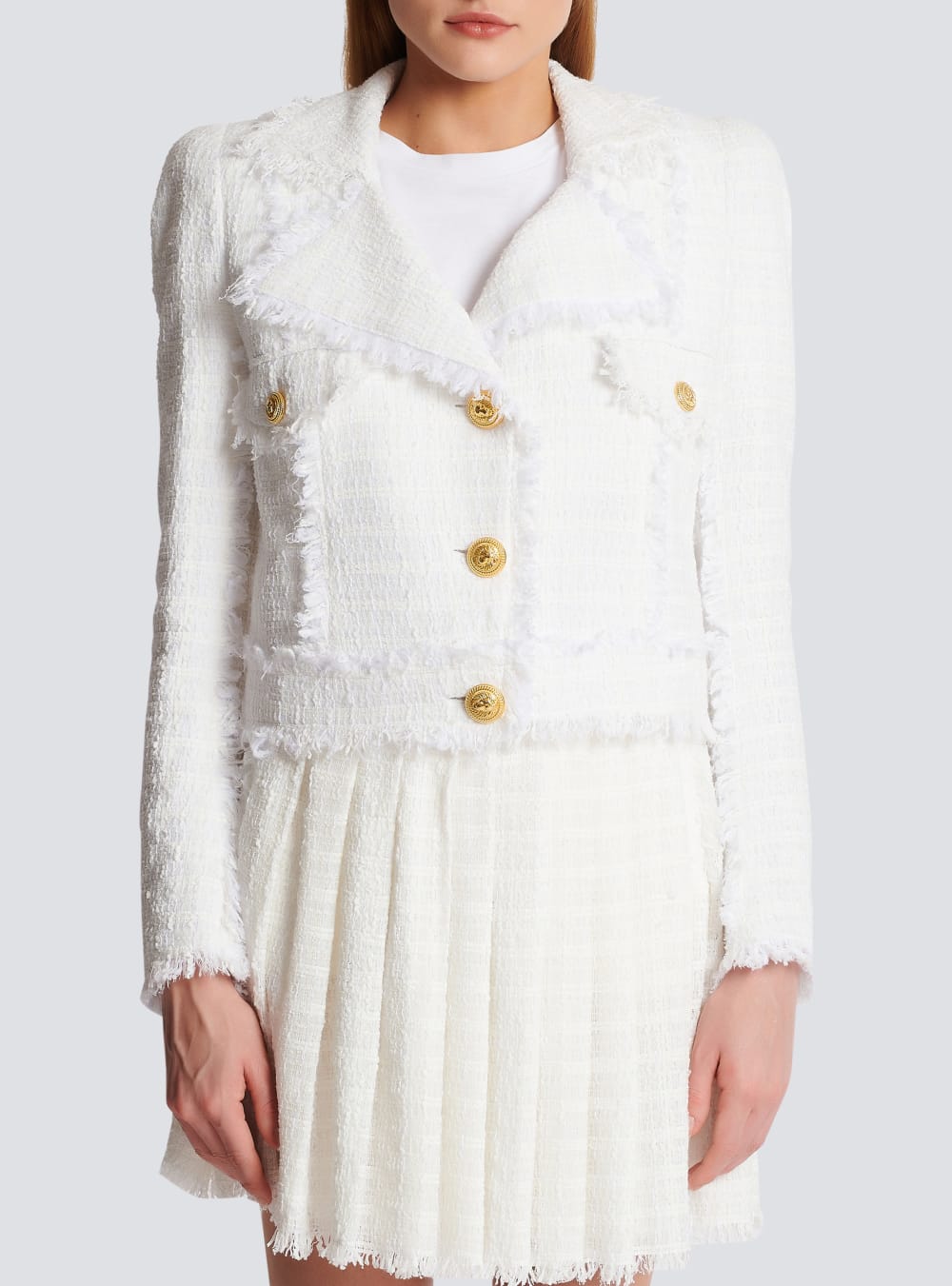 Women's Balmain Cropped Fringed Tweed Jackets White | USA dGue5JBR