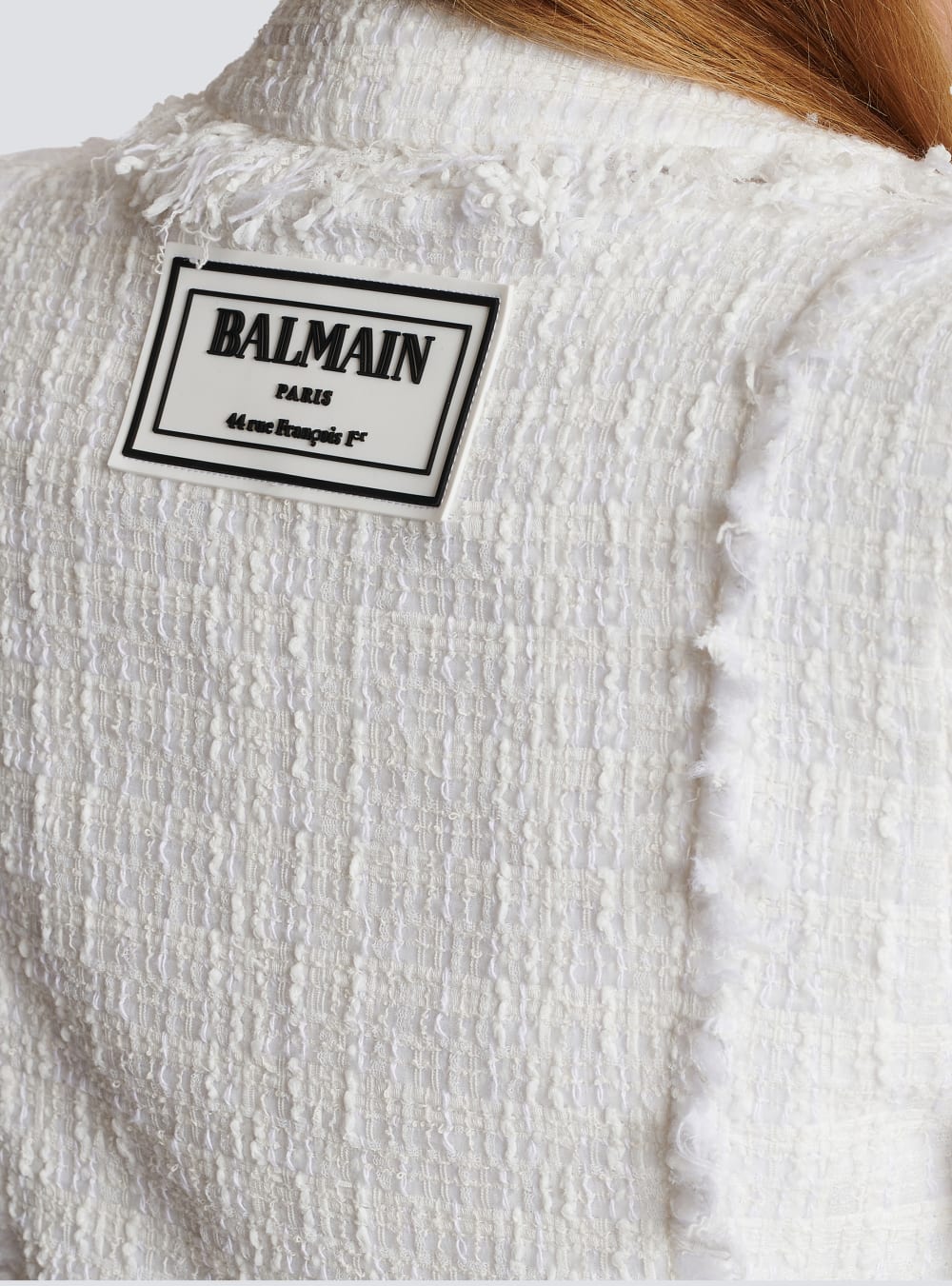 Women's Balmain Cropped Fringed Tweed Jackets White | USA dGue5JBR