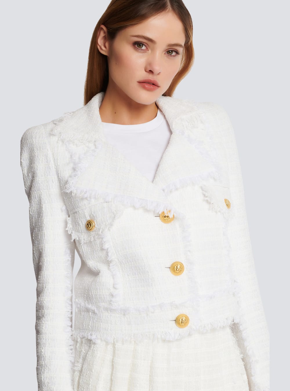 Women's Balmain Cropped Fringed Tweed Jackets White | USA dGue5JBR