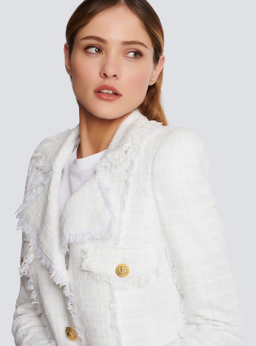 Women's Balmain Cropped Fringed Tweed Jackets White | USA dGue5JBR