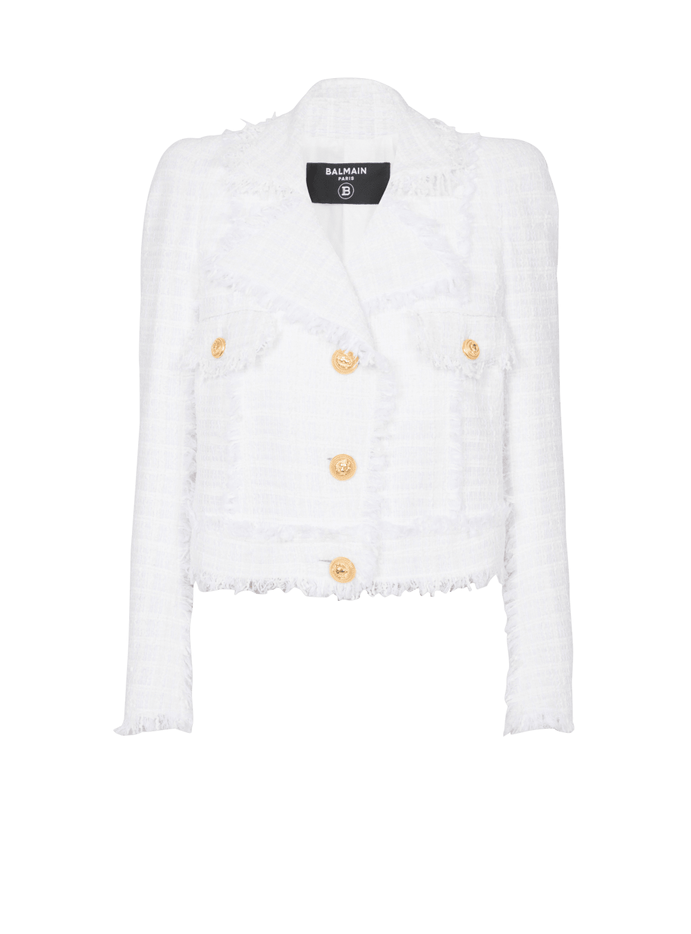 Women\'s Balmain Cropped Fringed Tweed Jackets White | USA dGue5JBR