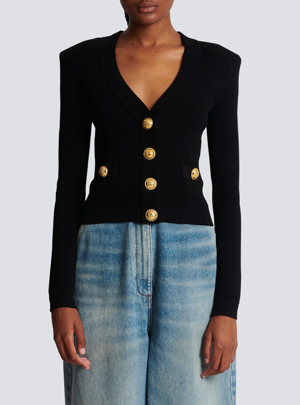 Women's Balmain Cropped Knit Cardigan Black | USA f5zgsRQT