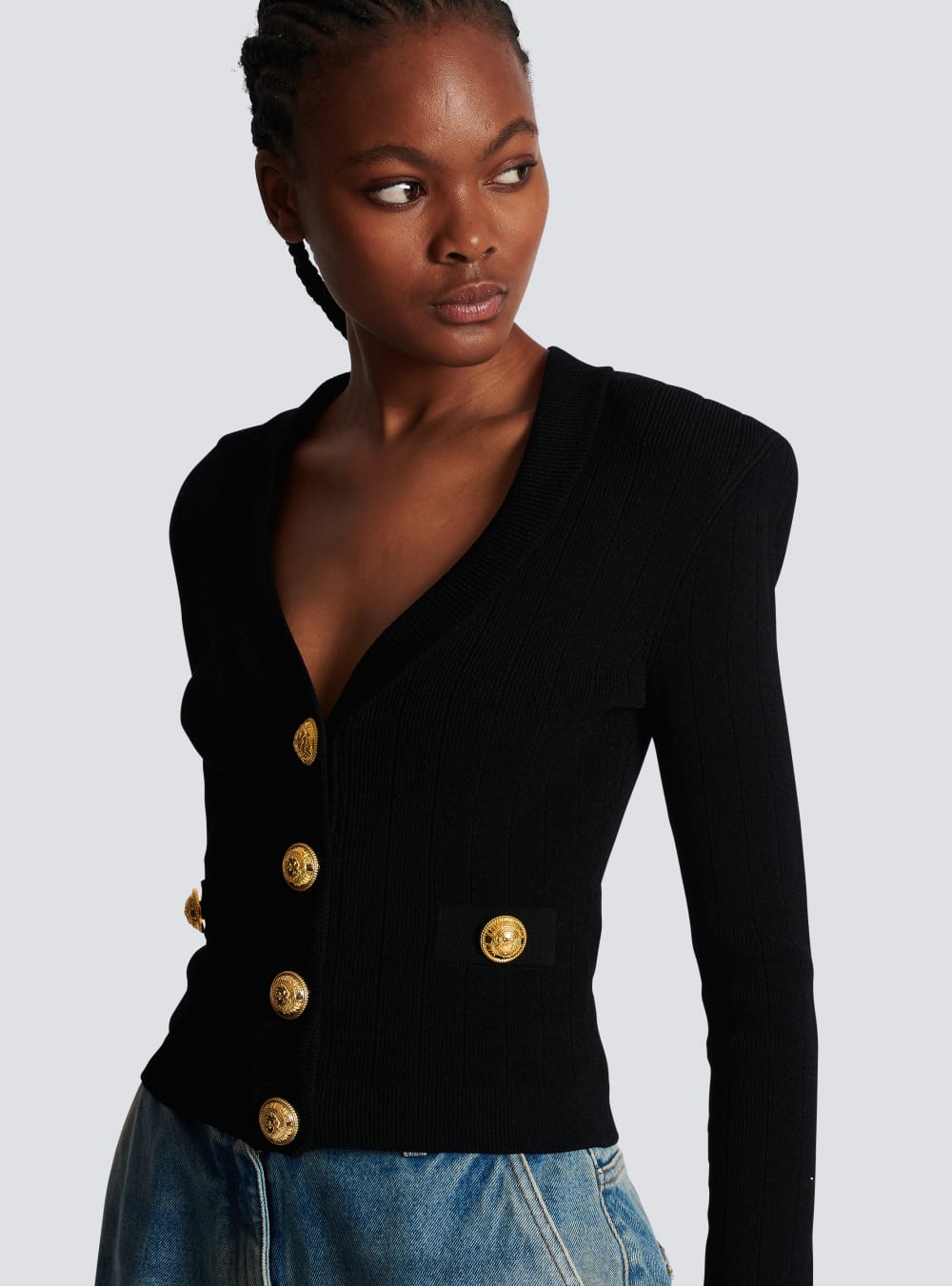 Women's Balmain Cropped Knit Cardigan Black | USA f5zgsRQT