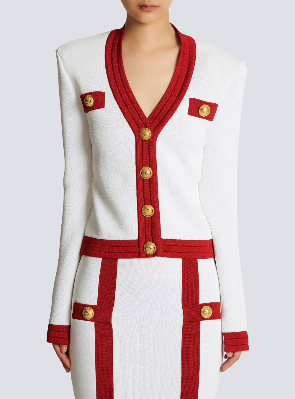 Women's Balmain Cropped Knit Cardigan Red | USA tJgDOG5E