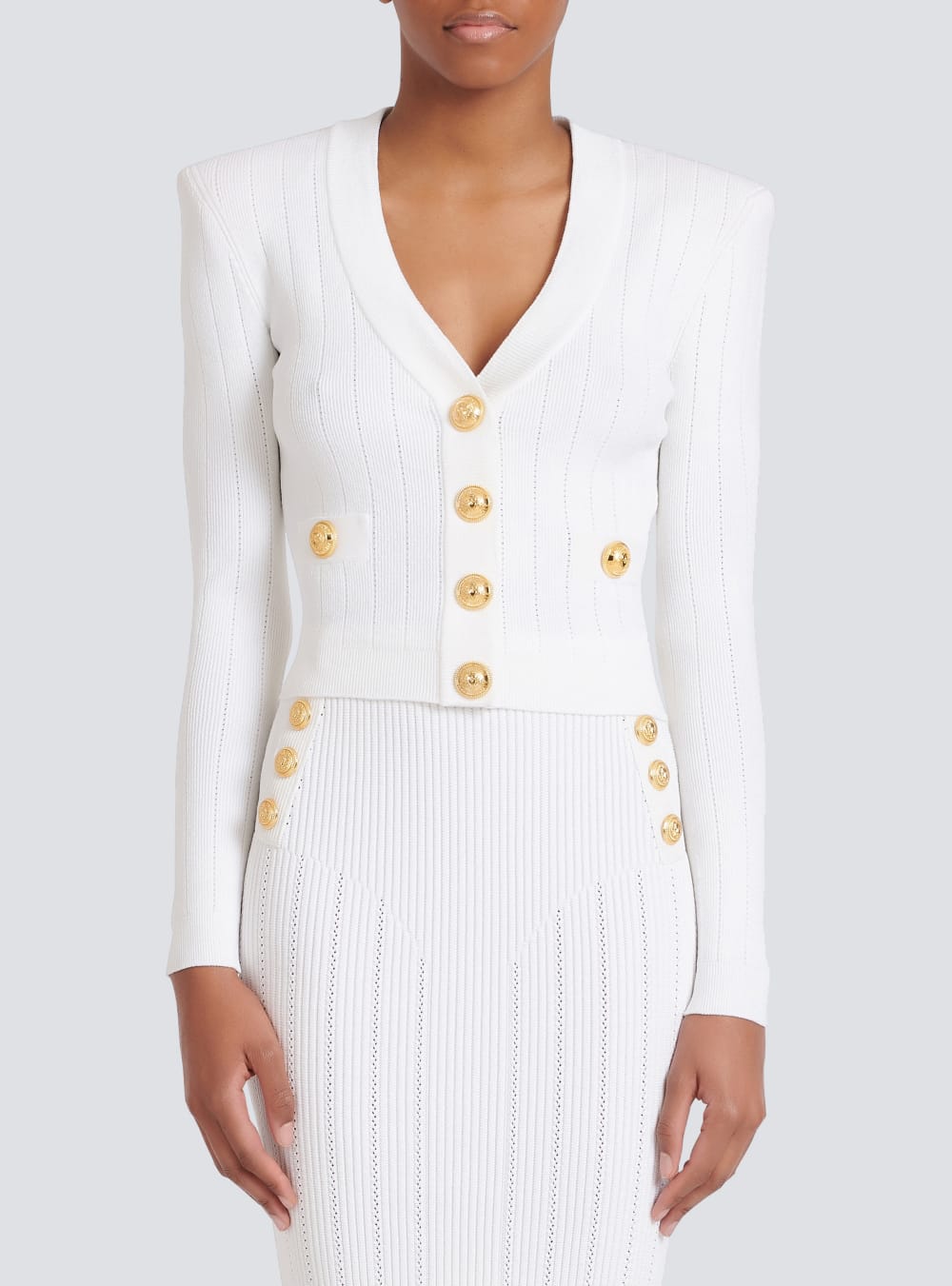 Women's Balmain Cropped Knit Cardigan White | USA cbOp6nuP