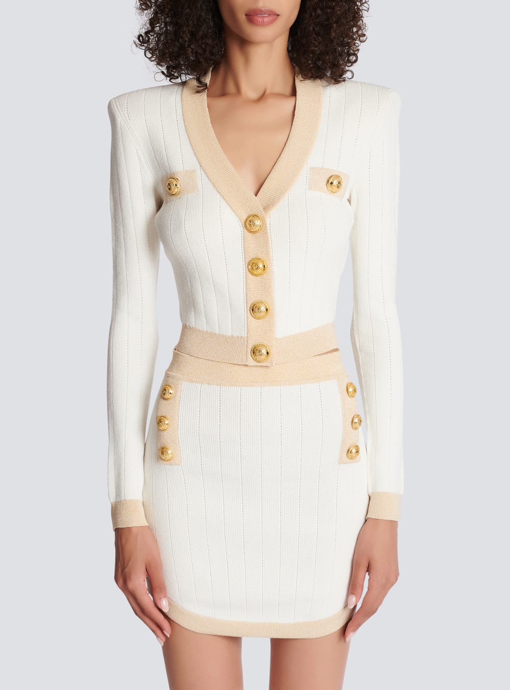 Women's Balmain Cropped Knit With Gold Trim Cardigan White | USA XB6em4X1