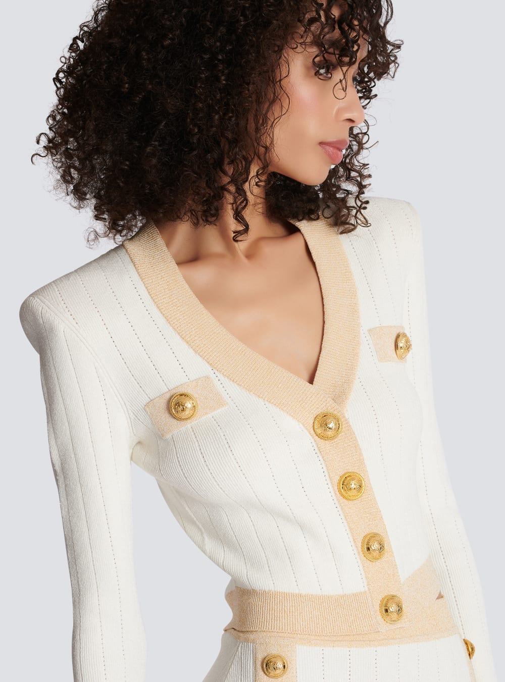 Women's Balmain Cropped Knit With Gold Trim Cardigan White | USA XB6em4X1