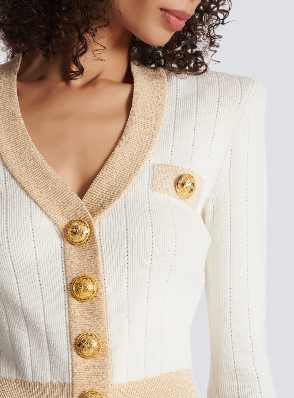 Women's Balmain Cropped Knit With Gold Trim Cardigan White | USA XB6em4X1