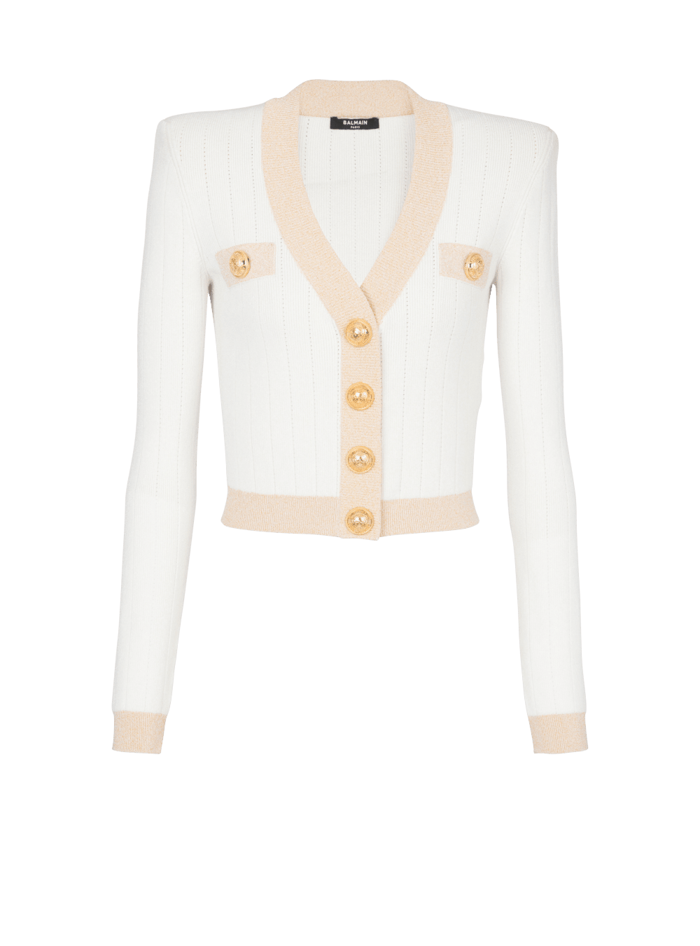 Women\'s Balmain Cropped Knit With Gold Trim Cardigan White | USA XB6em4X1