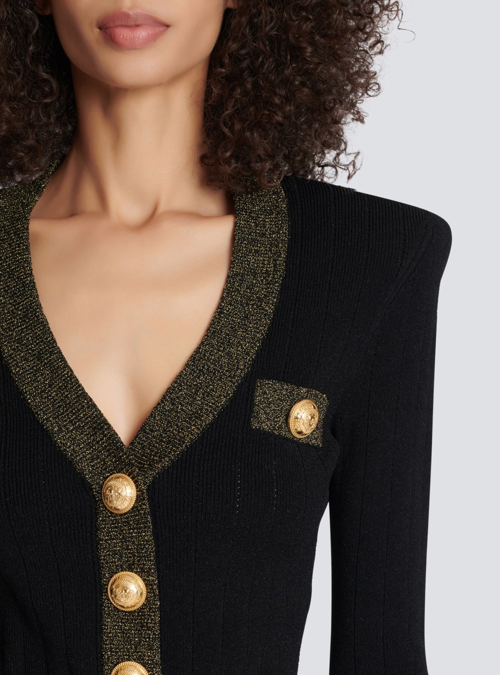 Women's Balmain Cropped Knit With Gold Trim Cardigan Black | USA XIvtdOpa