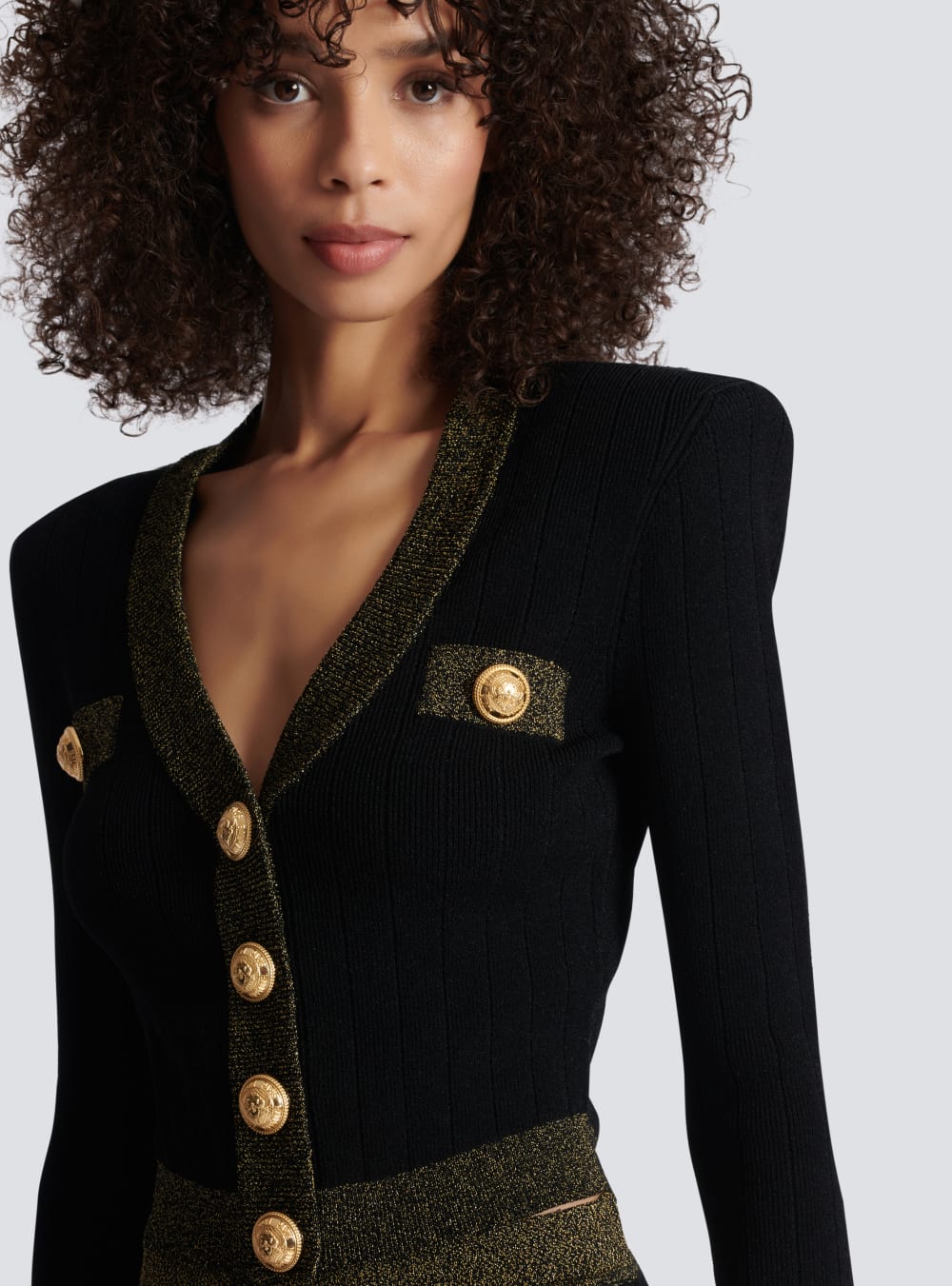 Women's Balmain Cropped Knit With Gold Trim Cardigan Black | USA XIvtdOpa