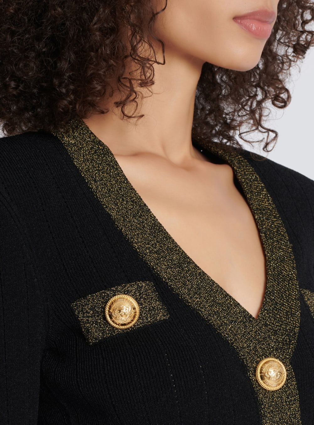 Women's Balmain Cropped Knit With Gold Trim Cardigan Black | USA XIvtdOpa