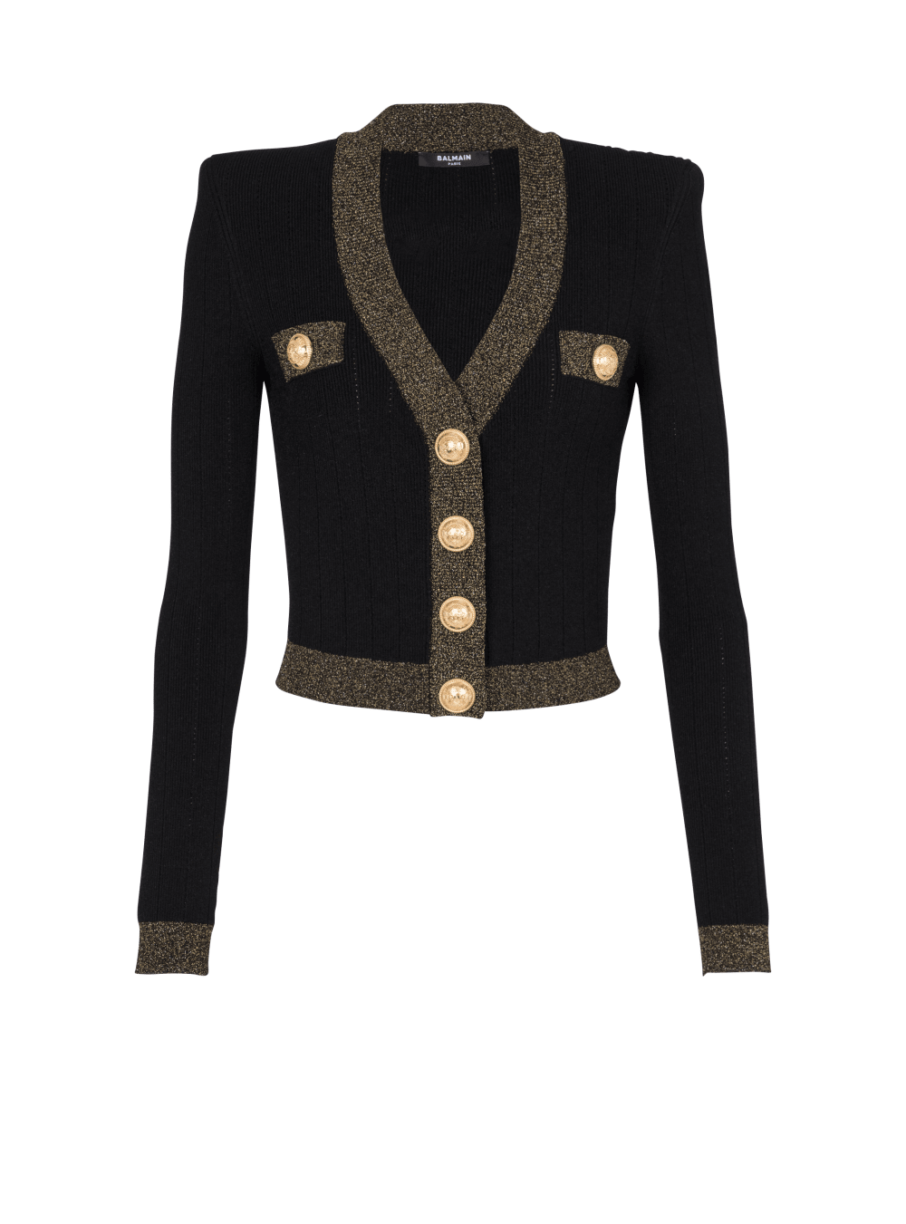 Women\'s Balmain Cropped Knit With Gold Trim Cardigan Black | USA XIvtdOpa