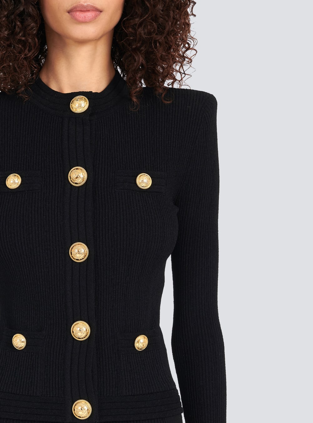 Women's Balmain Cropped Knit With Gold-tone Buttons Cardigan Black | USA sqPXwzCV