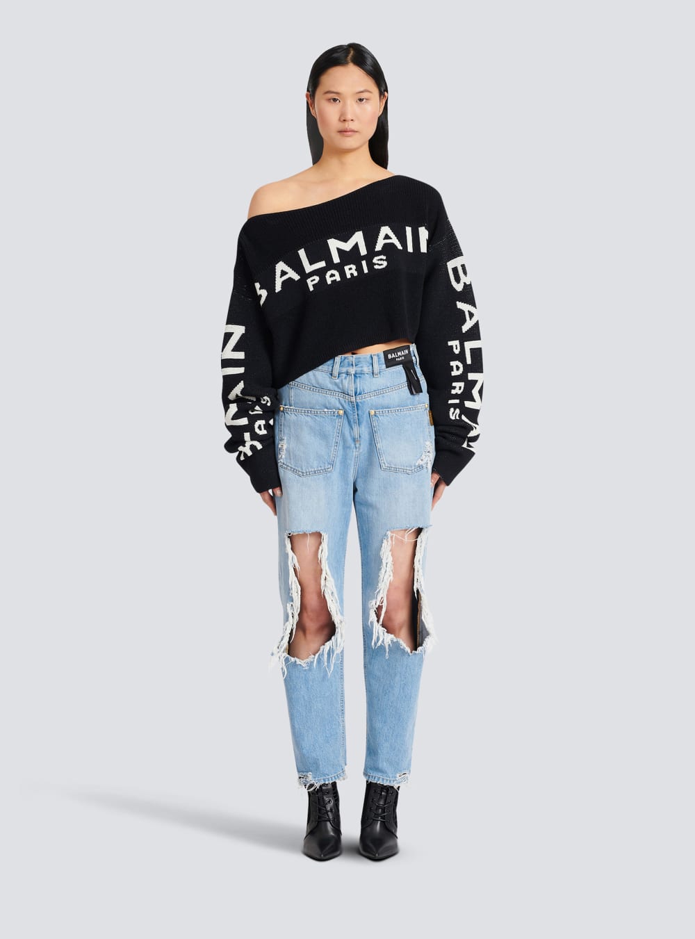 Women's Balmain Cropped Knit With Graffiti Logo Print Jumpers Black | USA Vpte7yAC