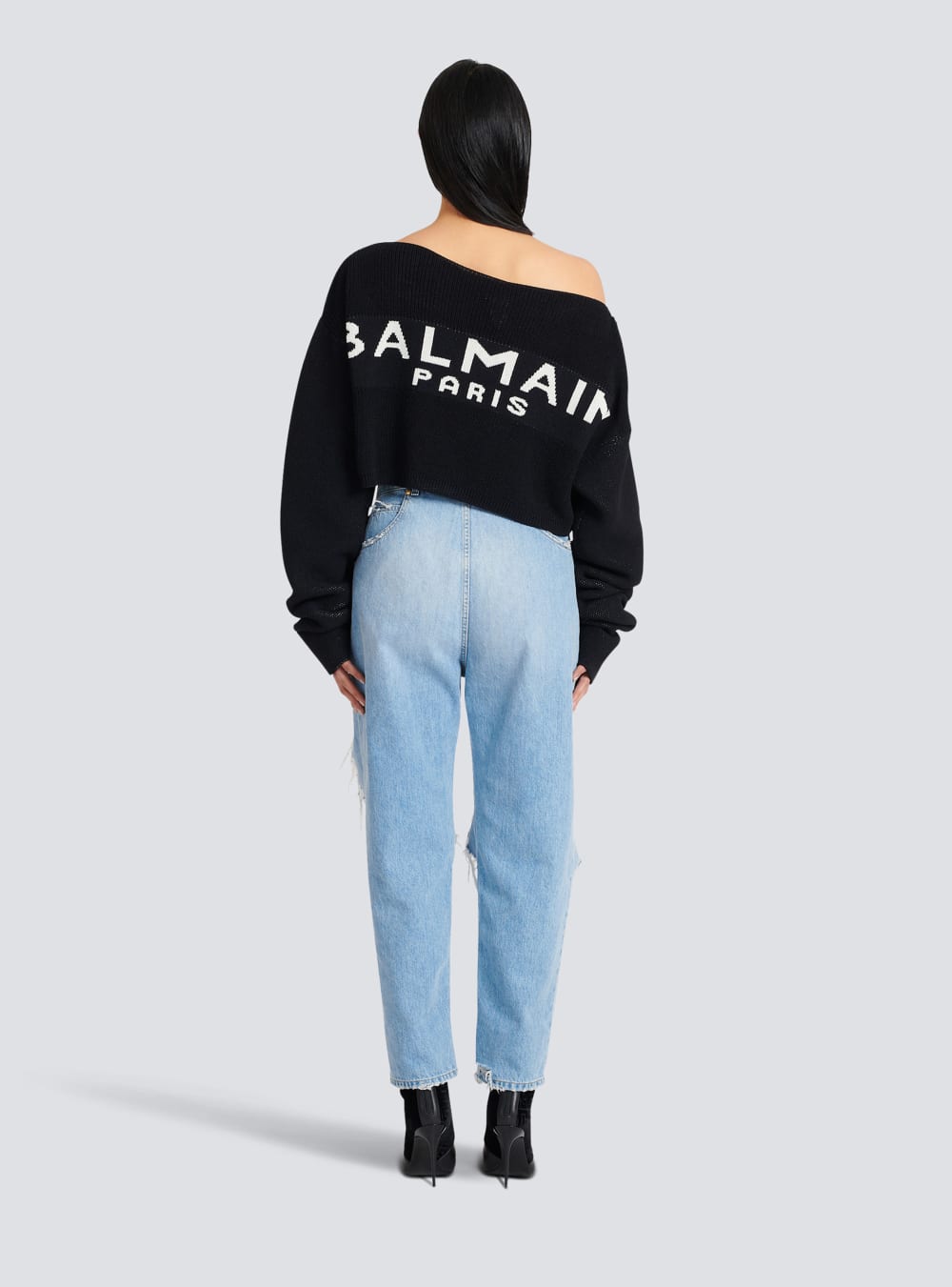 Women's Balmain Cropped Knit With Graffiti Logo Print Jumpers Black | USA Vpte7yAC