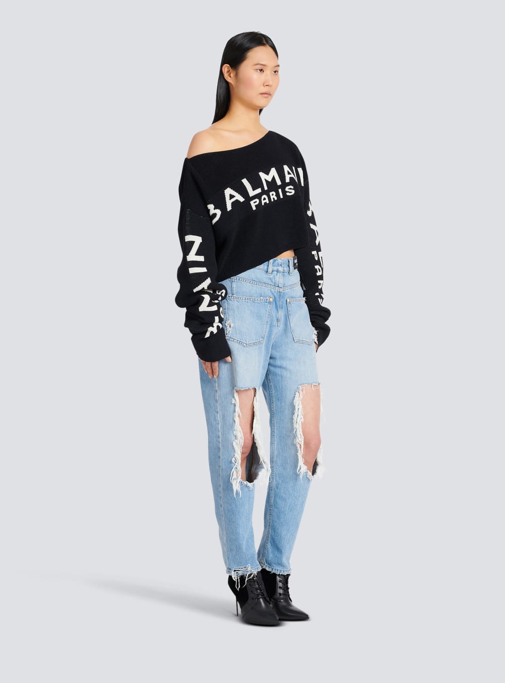 Women's Balmain Cropped Knit With Graffiti Logo Print Jumpers Black | USA Vpte7yAC