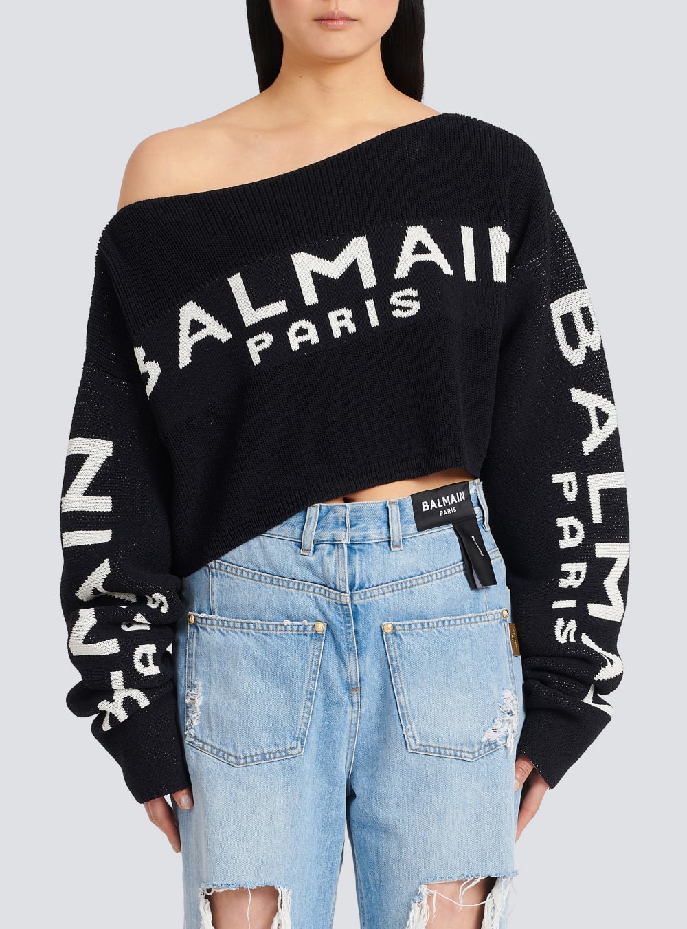 Women's Balmain Cropped Knit With Graffiti Logo Print Jumpers Black | USA Vpte7yAC