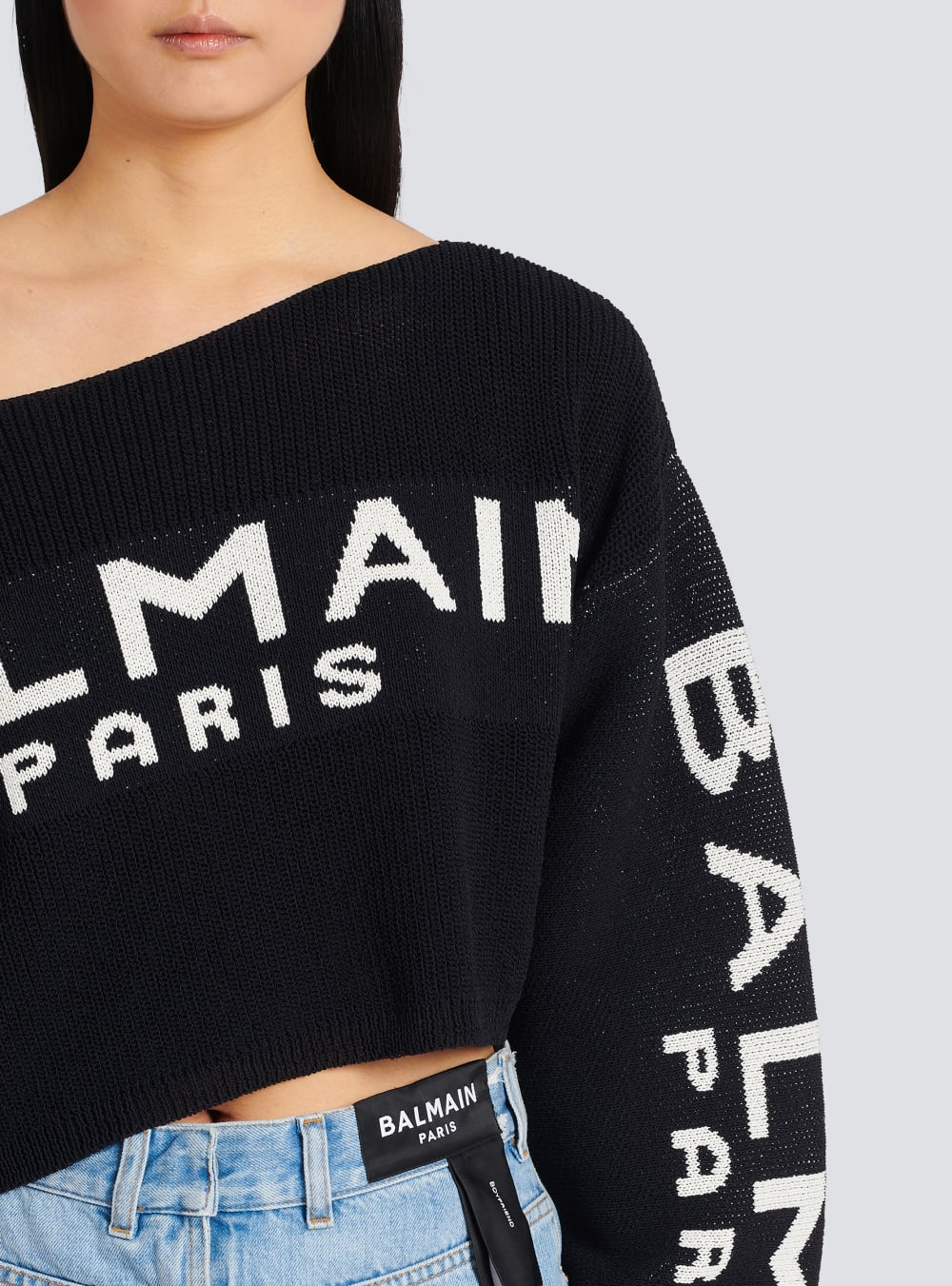 Women's Balmain Cropped Knit With Graffiti Logo Print Jumpers Black | USA Vpte7yAC